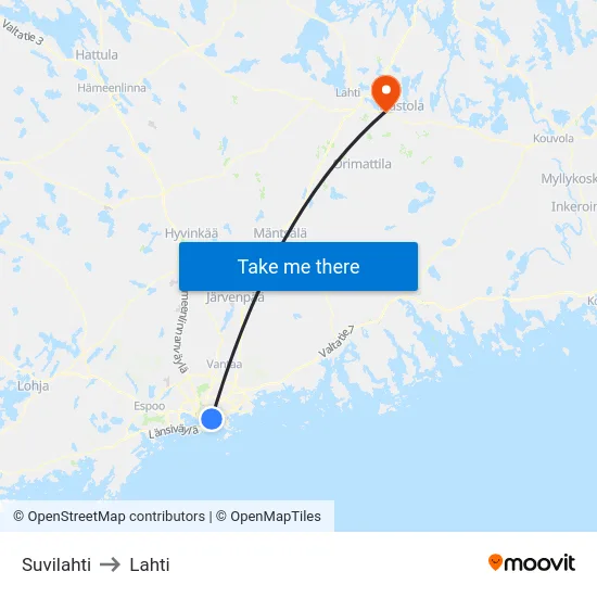 Suvilahti to Lahti map