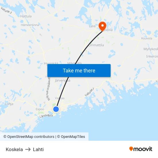 Koskela to Lahti map
