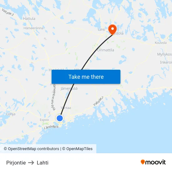 Pirjontie to Lahti map