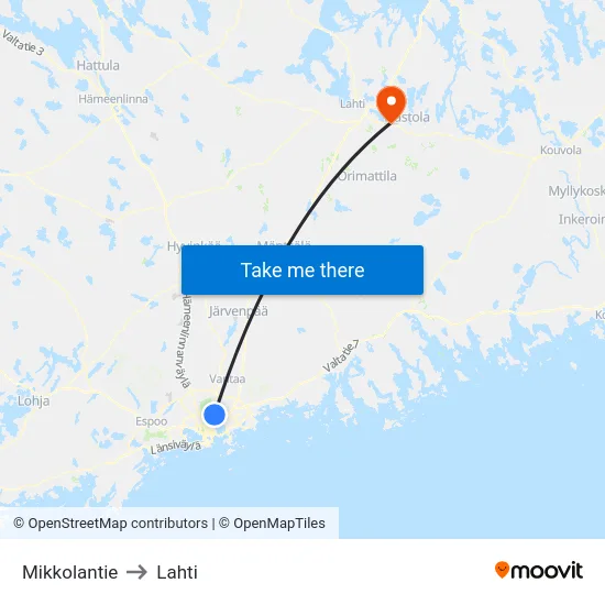 Mikkolantie to Lahti map