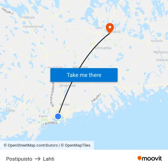 Postipuisto to Lahti map