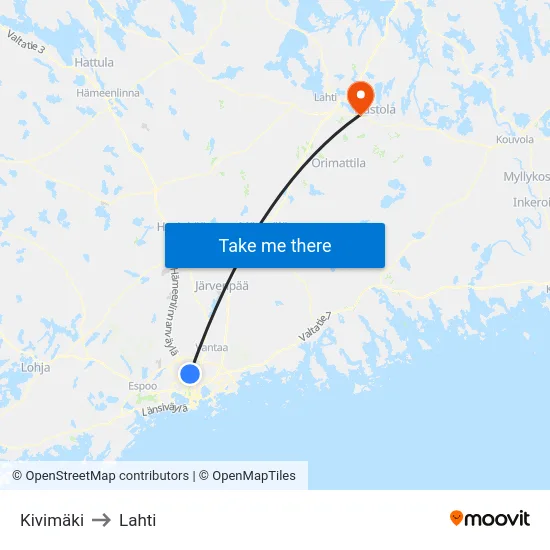 Kivimäki to Lahti map