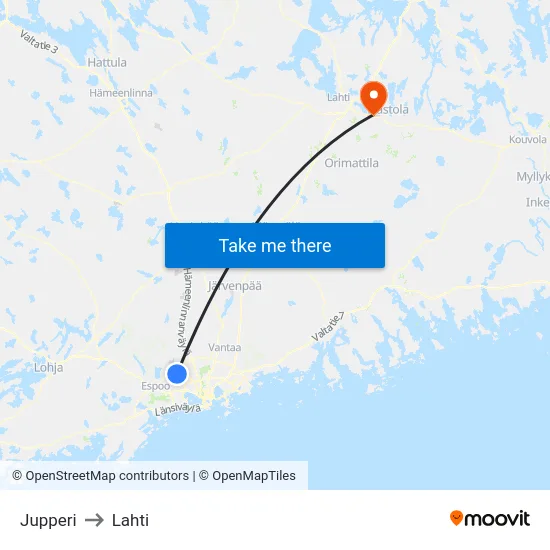 Jupperi to Lahti map