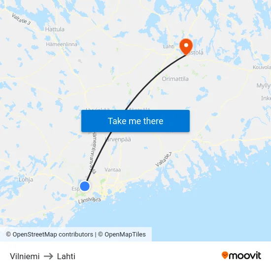 Vilniemi to Lahti map