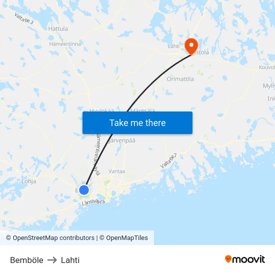 Bemböle to Lahti map
