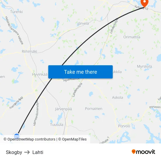 Skogby to Lahti map
