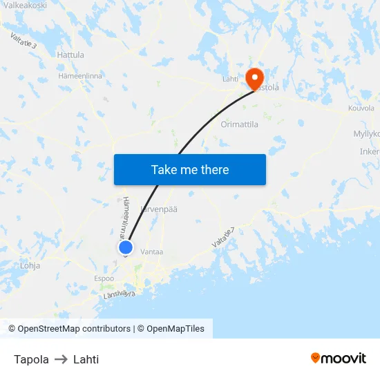 Tapola to Lahti map