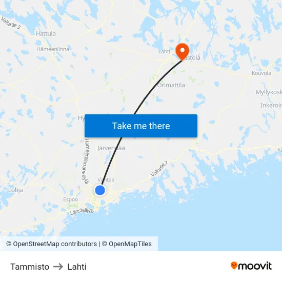Tammisto to Lahti map