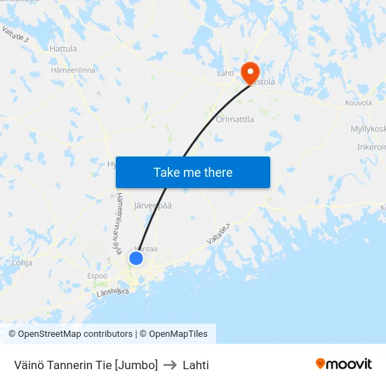 Väinö Tannerin Tie [Jumbo] to Lahti map