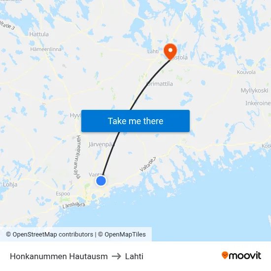Honkanummi Cemetery to Lahti map