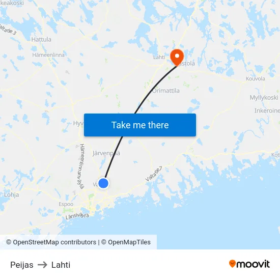 Peijas to Lahti map