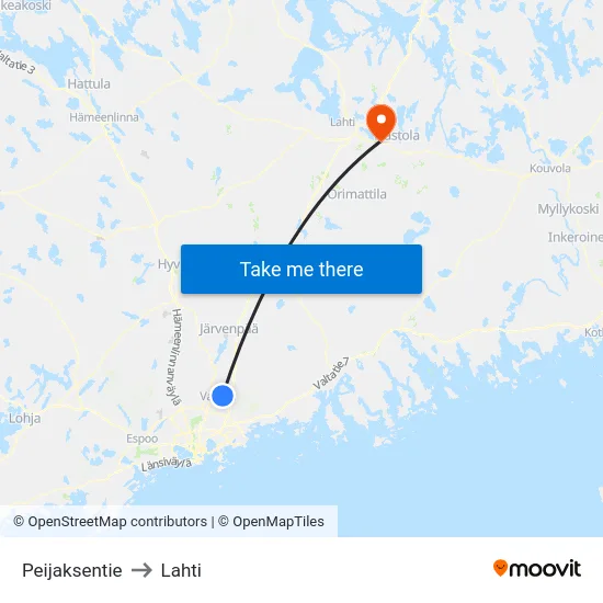 Peijaksentie to Lahti map