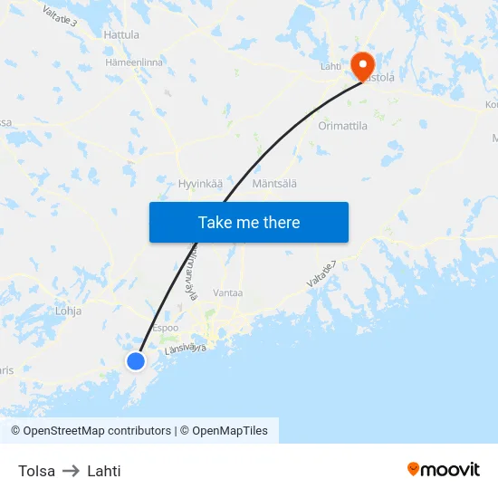 Tolsa to Lahti map