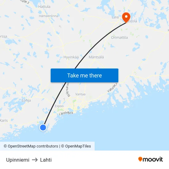 Upinniemi to Lahti map