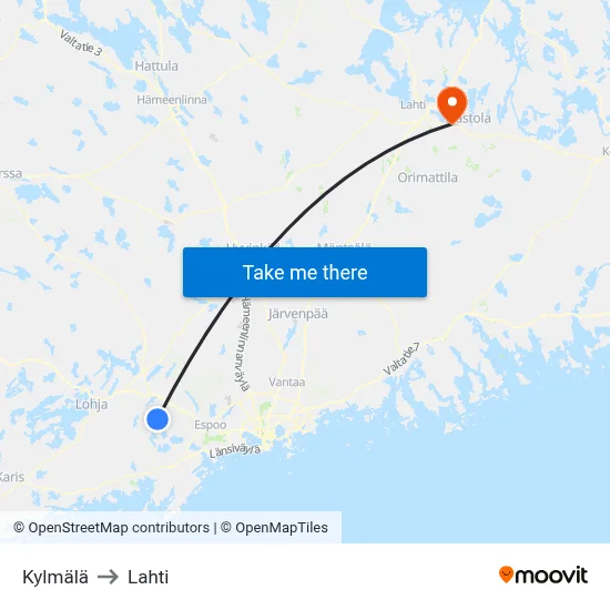 Kylmala to Lahti map