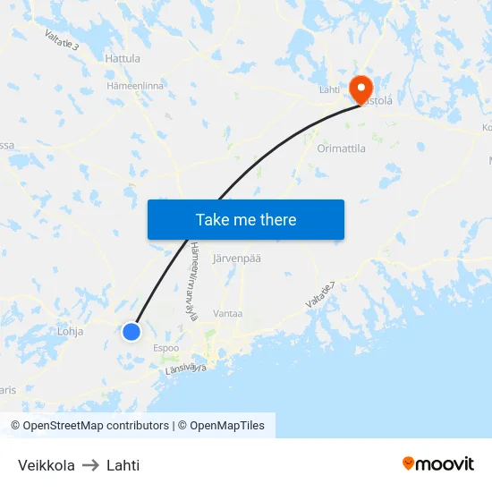 Veikkola to Lahti map