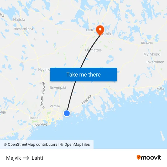 Majvik to Lahti map
