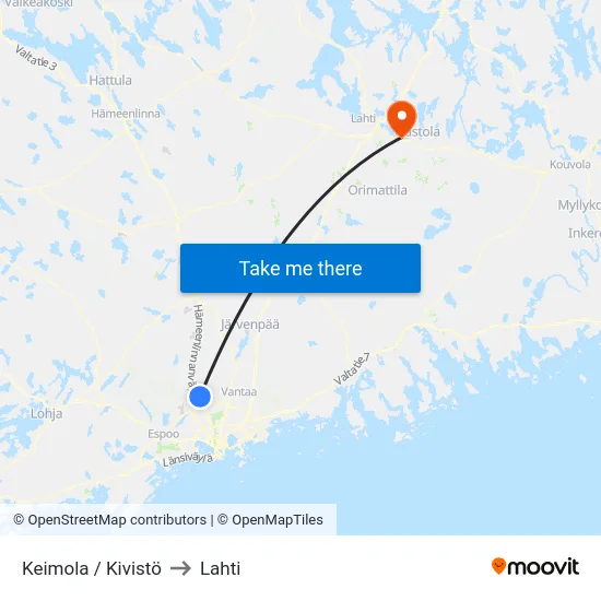 Keimola / Kivistö to Lahti map