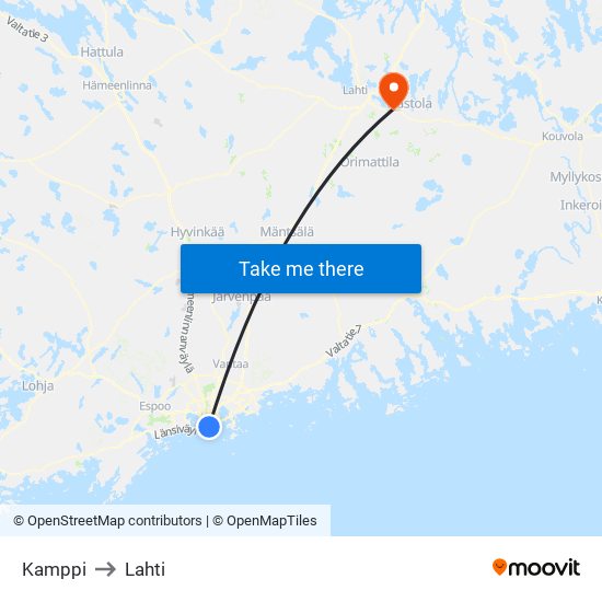 Kamppi to Lahti map