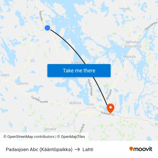 Padasjoen Abc (Kääntöpaikka) to Lahti map