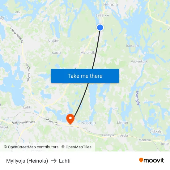 Myllyoja (Heinola) to Lahti map