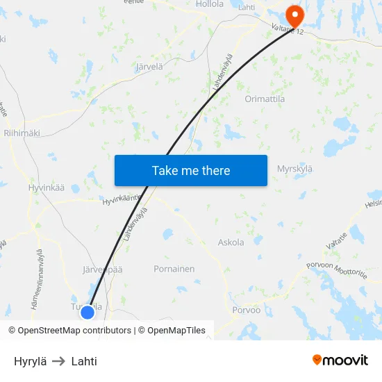 Hyrylä to Lahti map