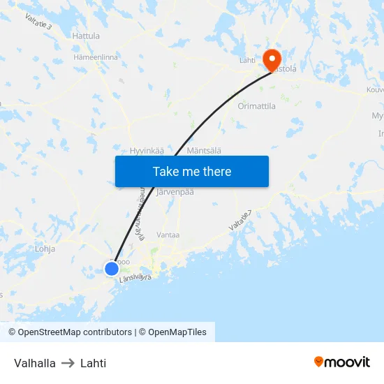 Valhalla to Lahti map