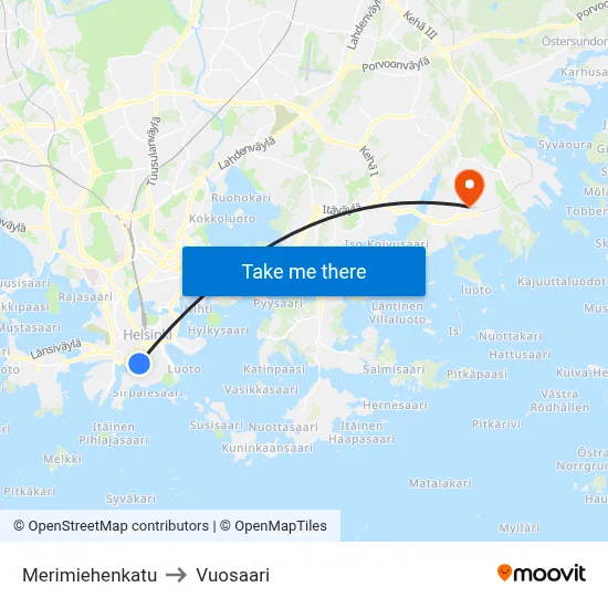 Merimiehenkatu to Vuosaari map