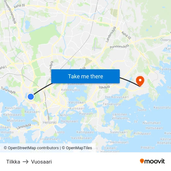 Tilkka to Vuosaari map