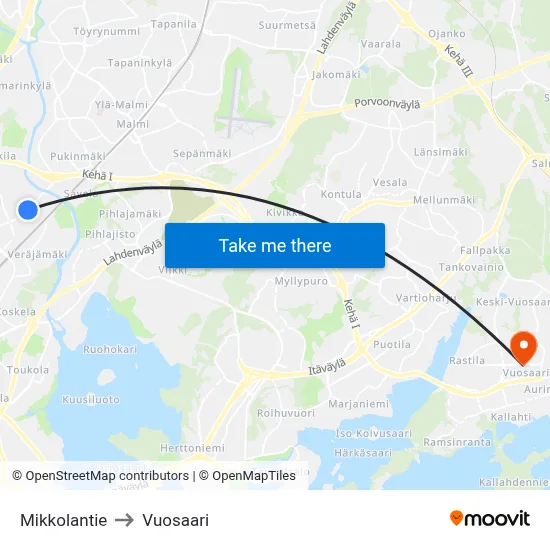 Mikkolantie to Vuosaari map