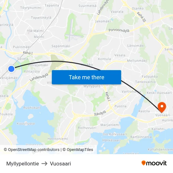 Myllypellontie to Vuosaari map