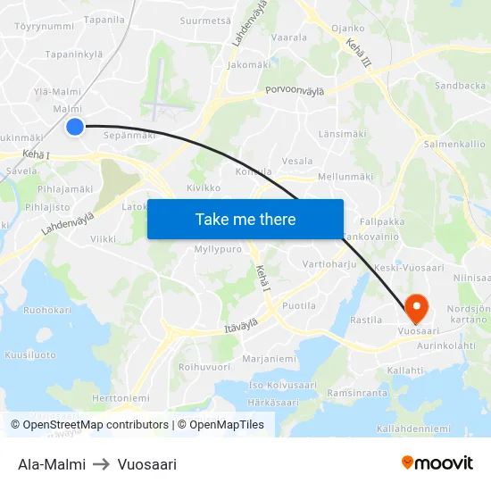 Lower Malmi to Vuosaari map
