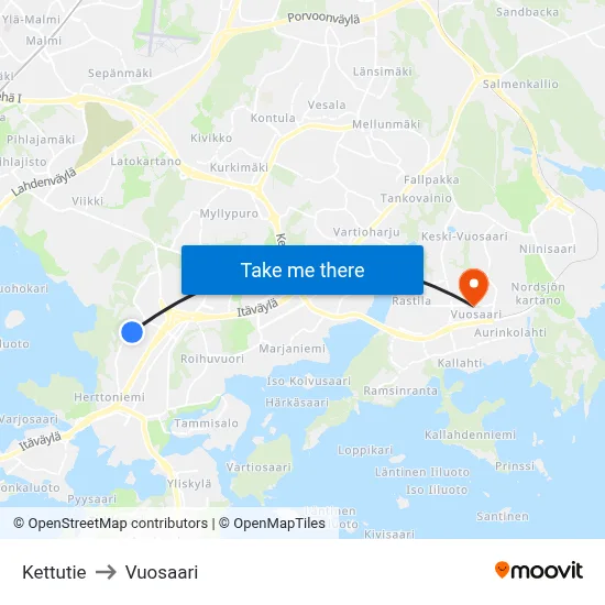 Kettutie to Vuosaari map