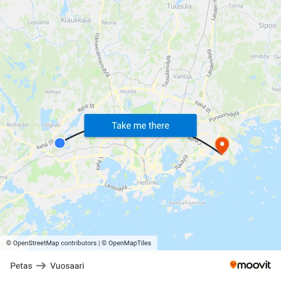 Petas to Vuosaari map