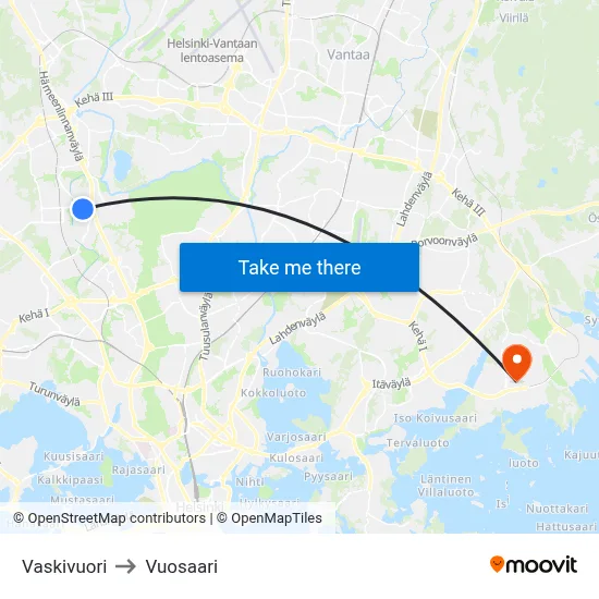 Vaskivuori to Vuosaari map