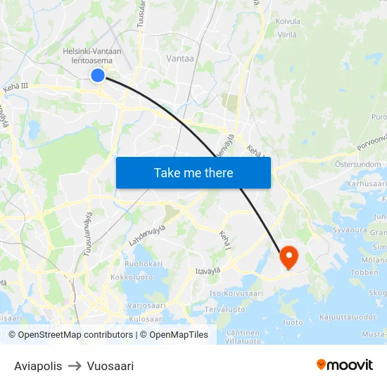 Aviapolis to Vuosaari map