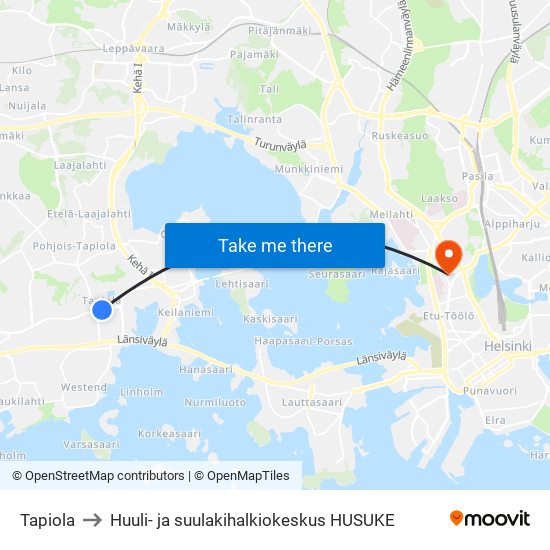 Tapiola to Huuli- ja suulakihalkiokeskus HUSUKE map