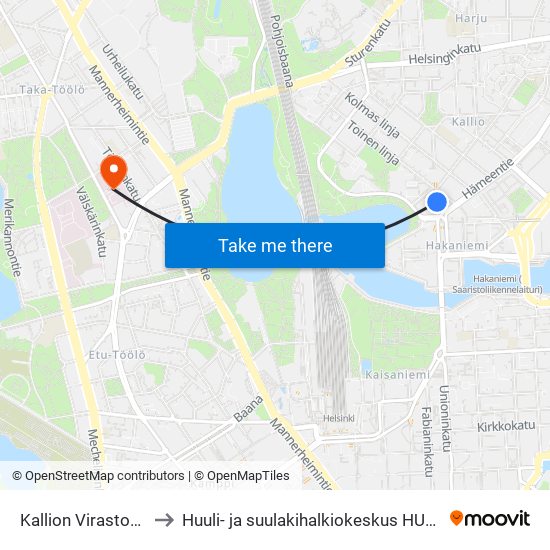 Kallion Virastotalo to Huuli- ja suulakihalkiokeskus HUSUKE map