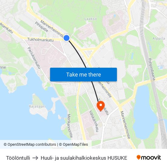 Töölöntulli to Huuli- ja suulakihalkiokeskus HUSUKE map