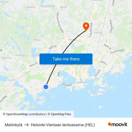 Matinkylä to Helsinki-Vantaan lentoasema (HEL) map