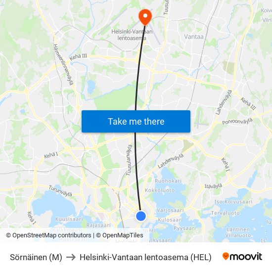 Sörnäinen (M) to Helsinki-Vantaan lentoasema (HEL) map