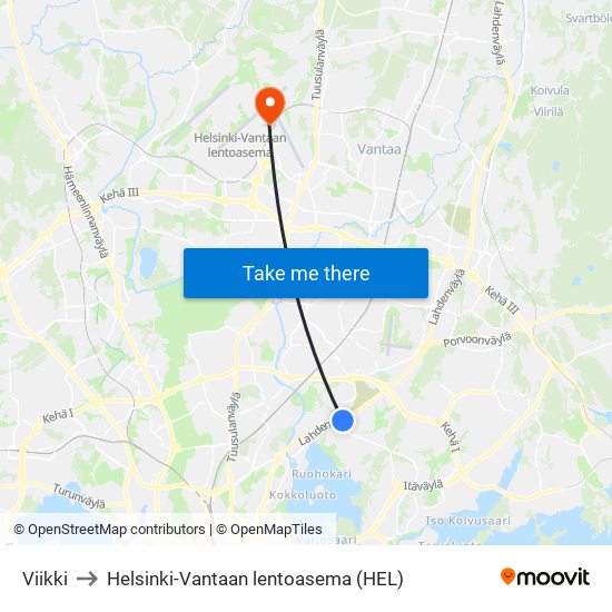 Viikki to Helsinki-Vantaan lentoasema (HEL) map