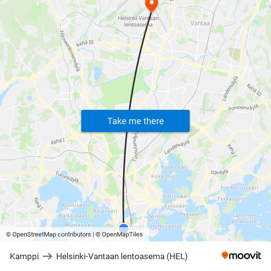 Kamppi to Helsinki-Vantaan lentoasema (HEL) map