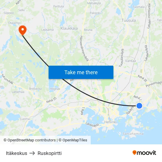Itäkeskus to Ruskopirtti map