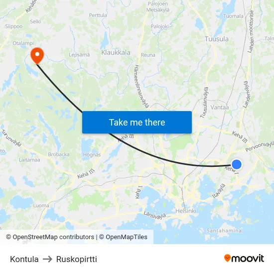Kontula to Ruskopirtti map