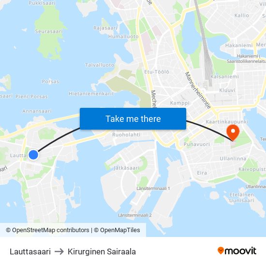 Lauttasaari to Kirurginen Sairaala map