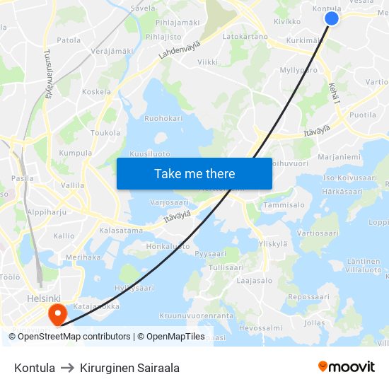 Kontula to Kirurginen Sairaala map