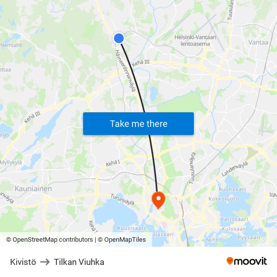 Kivistö to Tilkan Viuhka map