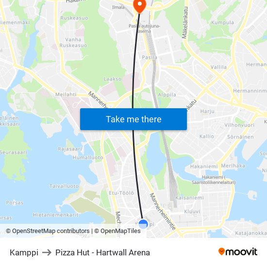 Kamppi to Pizza Hut - Hartwall Arena map