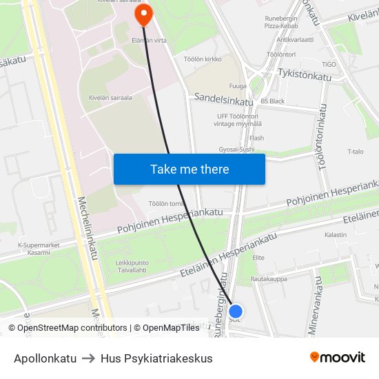 Apollonkatu to Hus Psykiatriakeskus map